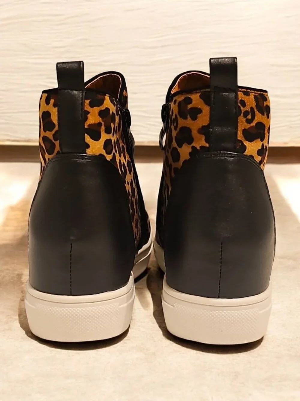 Leopard Print Side-Zip Wedge Sneakers For Women Faux Leather Upper Rubber Sole C